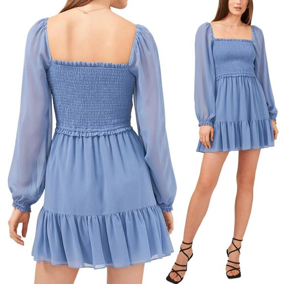 1.STATE Women's L Long Sleeves Smocked Ruffle Skirt Mini Dress Chiffon Blue $99 - Picture 2 of 15